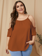 Solid Color Off Shoulder Ruffle Sleeve Plus Size Blouse for Women - Brown