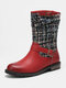 Women Winter Splicing Buckle Strap Flat Long Boots - Red