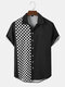 Mens Black & White Checkerboard Button Up Preppy Short Sleeve Shirts - Black