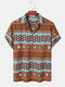 Mens Vintage Geometric Print Revere Collar Short Sleeve Shirts - Orange