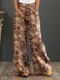 Pantalon droit vintage à imprimé floral pour femme avec cordon de serrage à la taille - Kaki