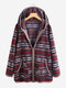 Ethnic Print Patchwork Long Sleeve Hooded Jacket For Women - Red