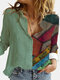 Ethnic Printed Long Sleeve Lapel Collar Patchwork Blouse For Women - Green