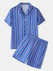 Men Luxury Faux Silk Pajamas Stripe Print Loungewear Lapel Collar Breathable Sleepwear - Blue