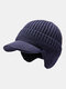 Men Acrylic Knitted Thickened Jacquard Solid Color Striped Ear Protection Warmth Baseball Cap - Navy