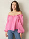 Solid Off Shoulder Ruffle Trim Lantern Sleeve Tie Urban Casual Blouse - Pink