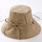 Women Casual Cotton Bucket Hat Foldable Wide Brim Sunscreen Beach Cap - Khaki