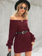 Solid Off-shoulder Casual Long Sleeve Sweater Dress - Rust