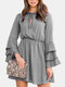 Elegant Ruffled Pure Trumpet Long Sleeve Mini Dress For Women - Grey