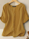 Solid Button Half Sleeve Round Neck Casual Cotton Blouse - Yellow