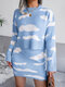Cloud Pattern Drop Shoulder Knit Two Pieces Sweater Skirt Set - Blue