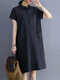 Solid Button Pocket Lapel Casual Midi Dress - Navy