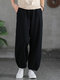 Solid Color Elastic Waist Pocket Casual Cotton Pants - Black