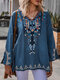 Vintage Tribal Pattern V-neck Slit Long Sleeve Blouse - Blue