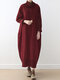 Solid Color Patchwork Pocket Long Sleeve High Neck Casual Dress - Wine Red