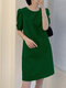 Сплошной цвет на спине Кнопки Повседневный рукав с пышными рукавами Платье - Зеленый