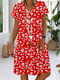 Daisy Floral Print Short Sleeve Loose V-neck Dress For Women - Red