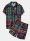 Mens Colorful Tribal Geometric Print Lapel Ethnic Two Pieces Outfits - Green