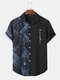 Mens Paisley Scarf Japanese Print Patchwork Street Short Sleeve Shirts - Black