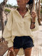 Casual Solid Color Pleated Long Sleeve Loose Cotton Shirt - Khaki