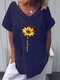 Butterfly Flower Print Short Sleeve Casual T-shirt For Women - Navy