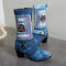 Women Pattern Embroidery Chunky Heel Mid-calf Denim Boots - Dark Blue