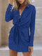 Leopard Print Tie Front Long Sleeve Lapel Shirt Dress - Blue
