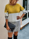 女性のためのコントラストカラー長袖Oネックカジュアルセーター - 黄