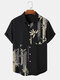 Mens Bamboo Print Lapel Button Up Short Sleeve Shirts - Black
