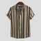 Mens Summer Hit Color Striped Print Turn Down Collar Short Sleeve Loose Casual  - Green