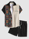 Mens Ethnic Geometric Patchwork Embroidered Corduroy Two Pieces Outfits - Black