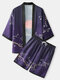 Mens Crane Floral Print Open Front Street 3/4 Sleeve Kimono Outfits - Purple