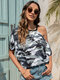 Camo Cut Out Cold Shoulder Short Sleeves T-shirt - Gray