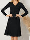 Solid Button Comfy Pleated V-neck Casual Sweater Knit Dress - Black