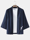 Mens Crane Embroidery Open Front Loose National Style 3/4 Sleeve Kimono - Blue
