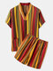 Men Multi-Colored Striped Pajamas Sets Two Pieces Short Sleeve Sleepwear V-Neck Loungewear - As Picture