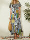 Floral Plaid Print Patchwork Short Sleeve O-neck Maxi Dress - Gray