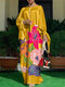 プラスサイズの女性の花柄クルーネックサテンルーズマキシドレス - 黄