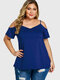 Solid Color Off-shoulder Short Sleeve Plus Size T-shirt for Women - Blue