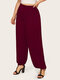 Pleated Plain Elastic Waist Wide Leg Plus Size Casual Harem Pants - Wine Red