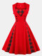 Plaid Print Patchwork Sleeveless Square Collar Plus Size Vintage Dress - Red