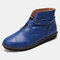 Large Size Women Comfy Leather Stitching Buckle Flat Ankle Boots - Blue