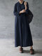 Solid Color Long Sleeve Pocket Loose Linen Casual Jumpsuit for Women - Navy