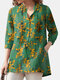 Casual Floral Print Lapel Collar Pocket Loose Women Blouse - Green