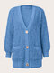 Plus Size Casual Solid Button Pocket Plush Loose Cardigan - Blue