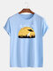 Mens Cotton Landscape Print Round Neck Casual Short Sleeve T-Shirts - Light Blue
