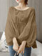 Solid Knotted Ruched Puff Sleeve Casual Blouse - Khaki