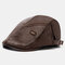 Collrown Men Faux Leather Retro Casual Stripe Pattern Solid Color Leather Forward Hat Beret Hat - Coffee