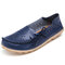 LOSTISY Big Size Leather Hollow Out Floral Breathable Soft Comfy Lace Up Flat Shoes - Dark Blue