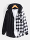 Mens Contrast Check Patchwork Long Sleeve Casual Flannel Hooded Shirts - Black